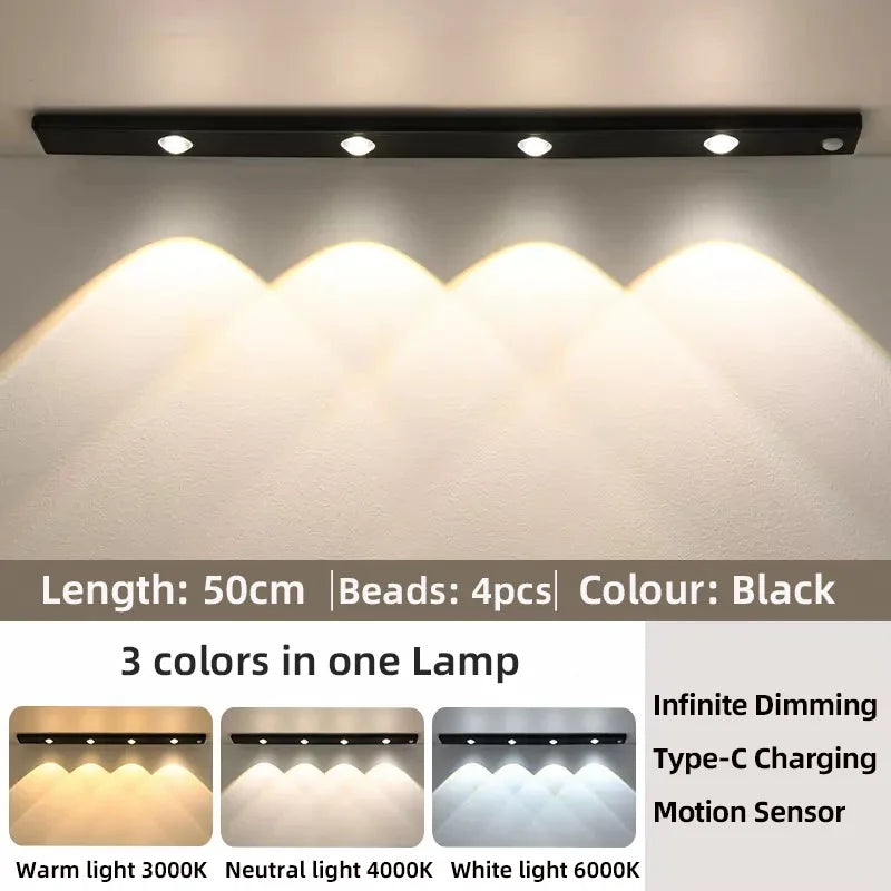 Lumière LED Blanche/Noire pour Armoire Rechargeable par USB Capteur de Mouvement pour Cuisine Garde-Robe Éclairage d'Armoire 20cm/30cm/40cm/50cm